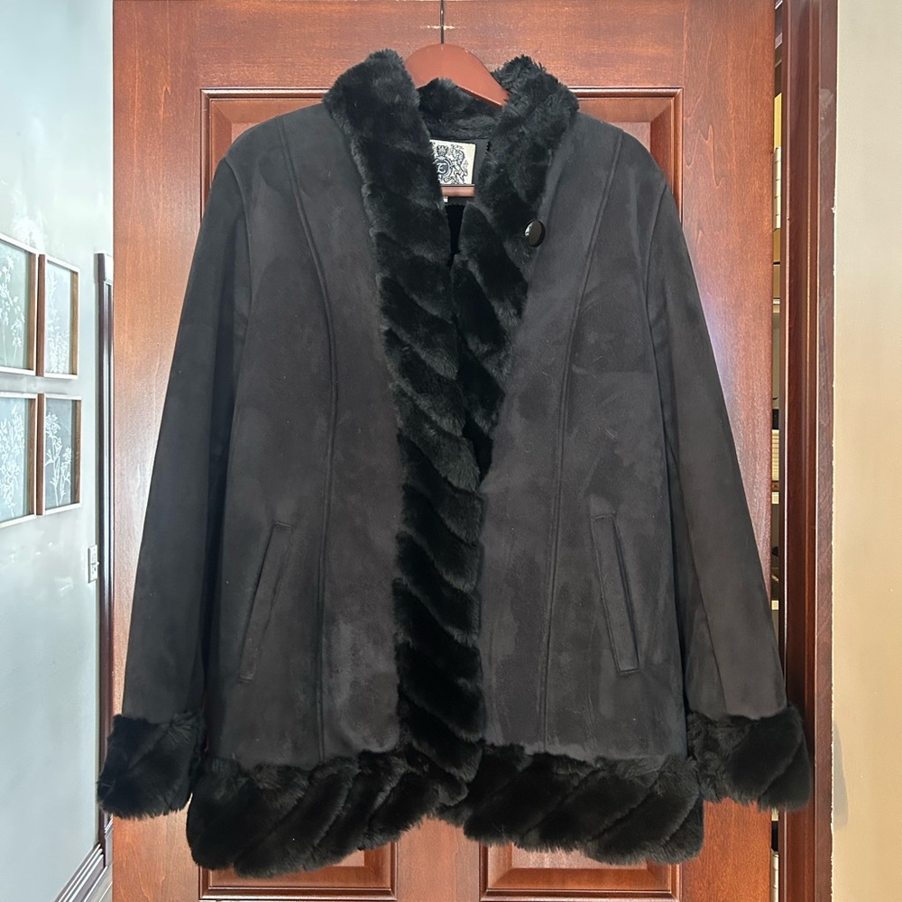 Esprit Y2K Black Faux Fur Trim Jacket Coat Size XL Mob Wife